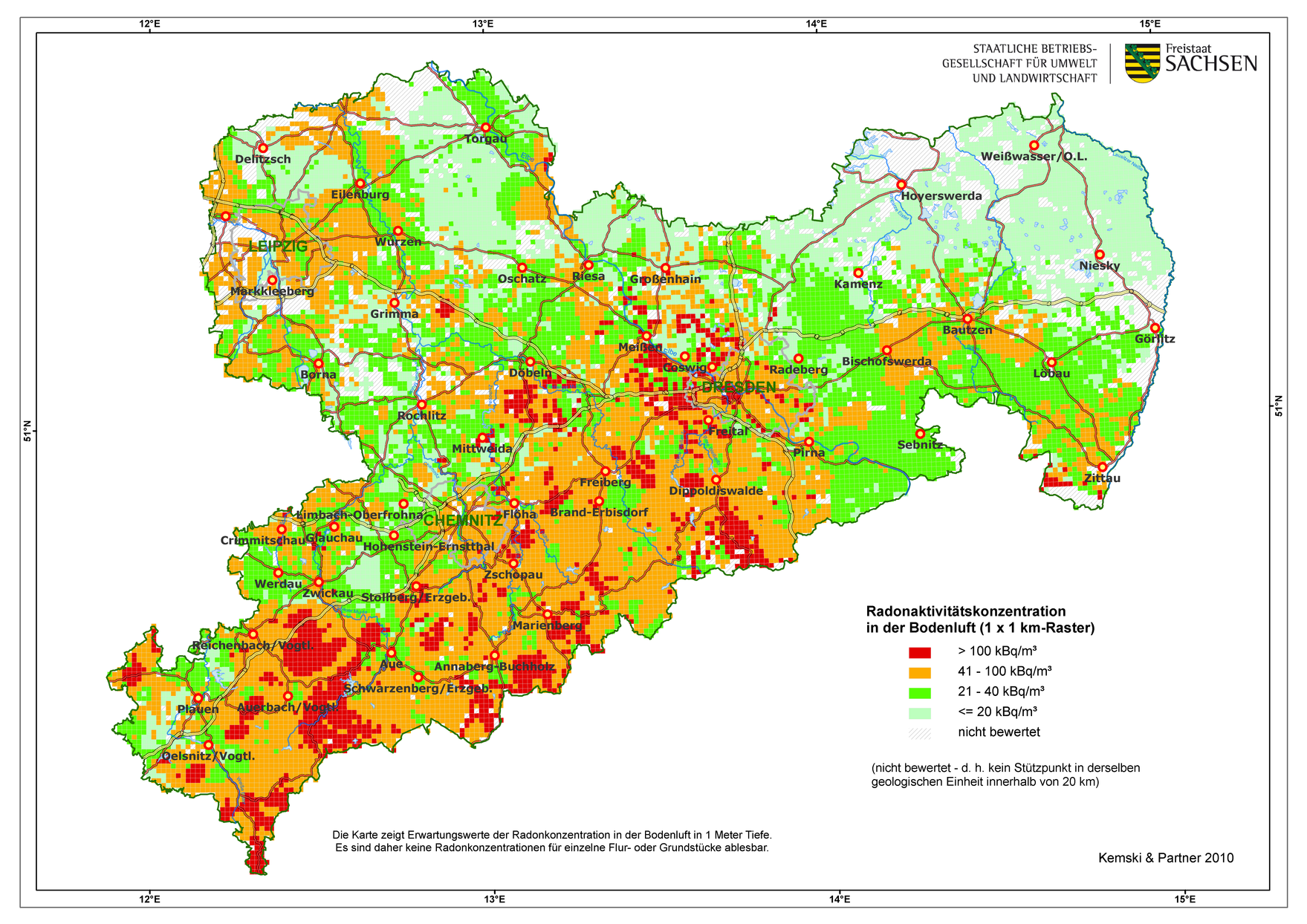 Erwartungswerte für Radon in Sachsen
